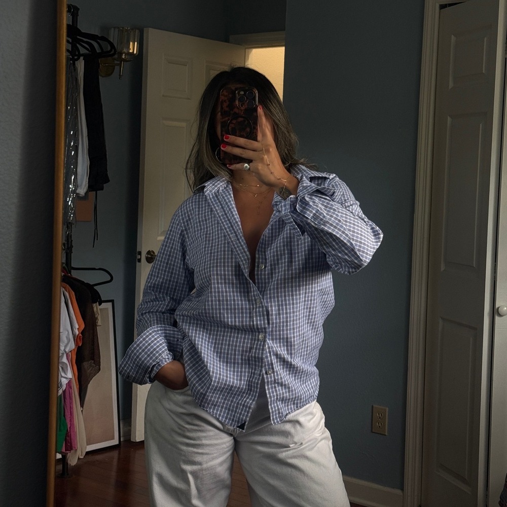 UNTUCKit Mens Slim Fit Wrinkle Free Gingham Button Down Shirt Blue White Medium